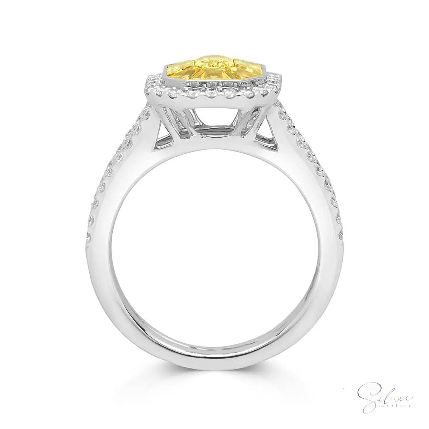 Signature anthürium, Carved Design with Yellow Sapphire Stone Engagement Ring, Rectangular Cushion Cut Stone Ring, Handmade Sterling Silver Ring, Gold, Silver & Rose Gold - Baza Boutique 