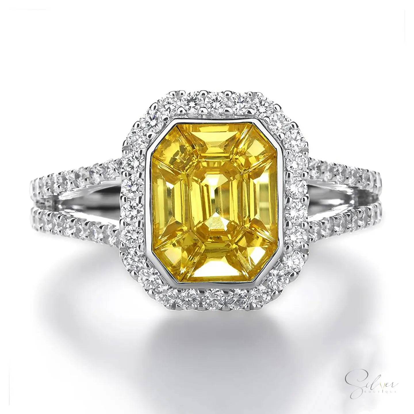 Signature anthürium, Carved Design with Yellow Sapphire Stone Engagement Ring, Rectangular Cushion Cut Stone Ring, Handmade Sterling Silver Ring, Gold, Silver & Rose Gold - Baza Boutique 