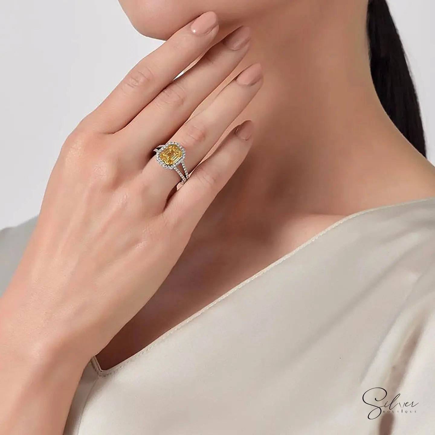 Signature anthürium, Carved Design with Yellow Sapphire Stone Engagement Ring, Rectangular Cushion Cut Stone Ring, Handmade Sterling Silver Ring, Gold, Silver & Rose Gold - Baza Boutique 